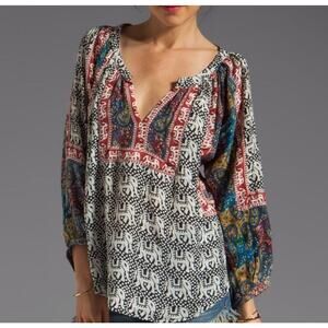 Tolani 100% silk Women's Elephant Print Boho Blouse Multicolor Sz S Long Sleeve